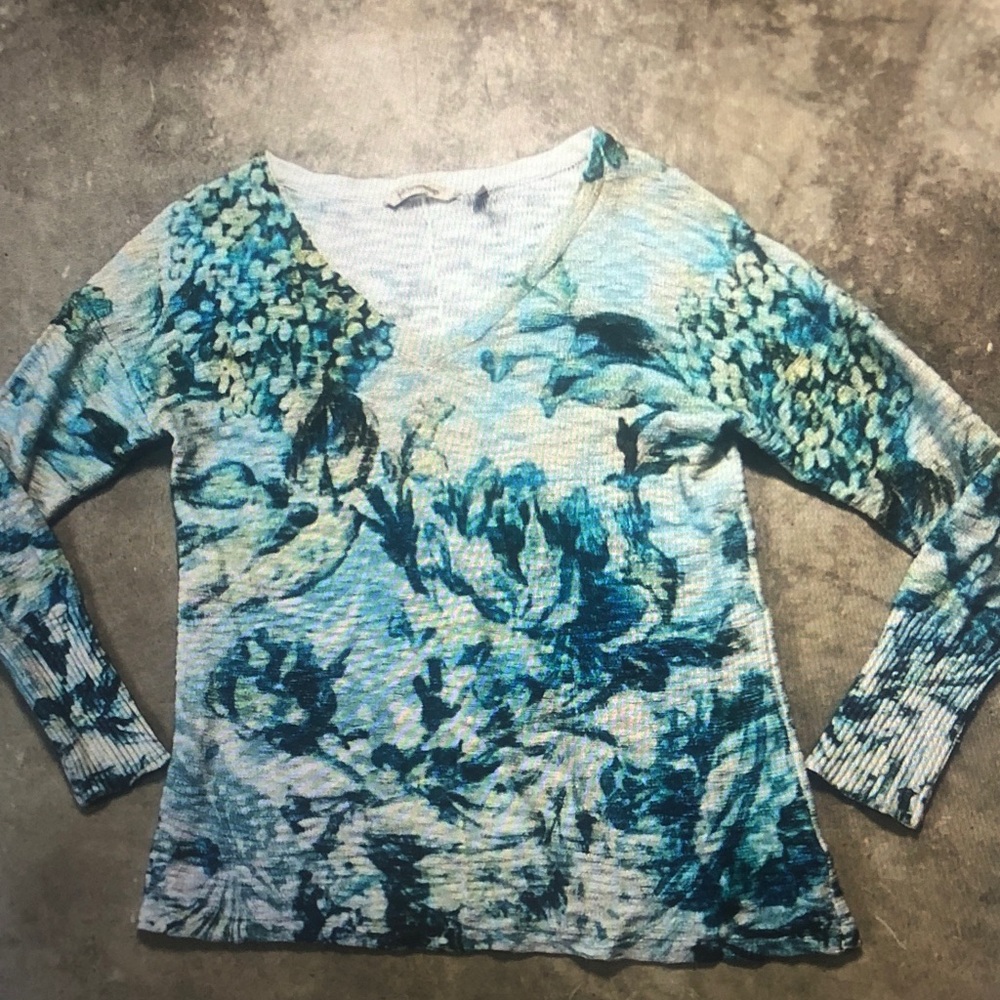 Women's Blue Floral V-Neck Long Sleeve Top